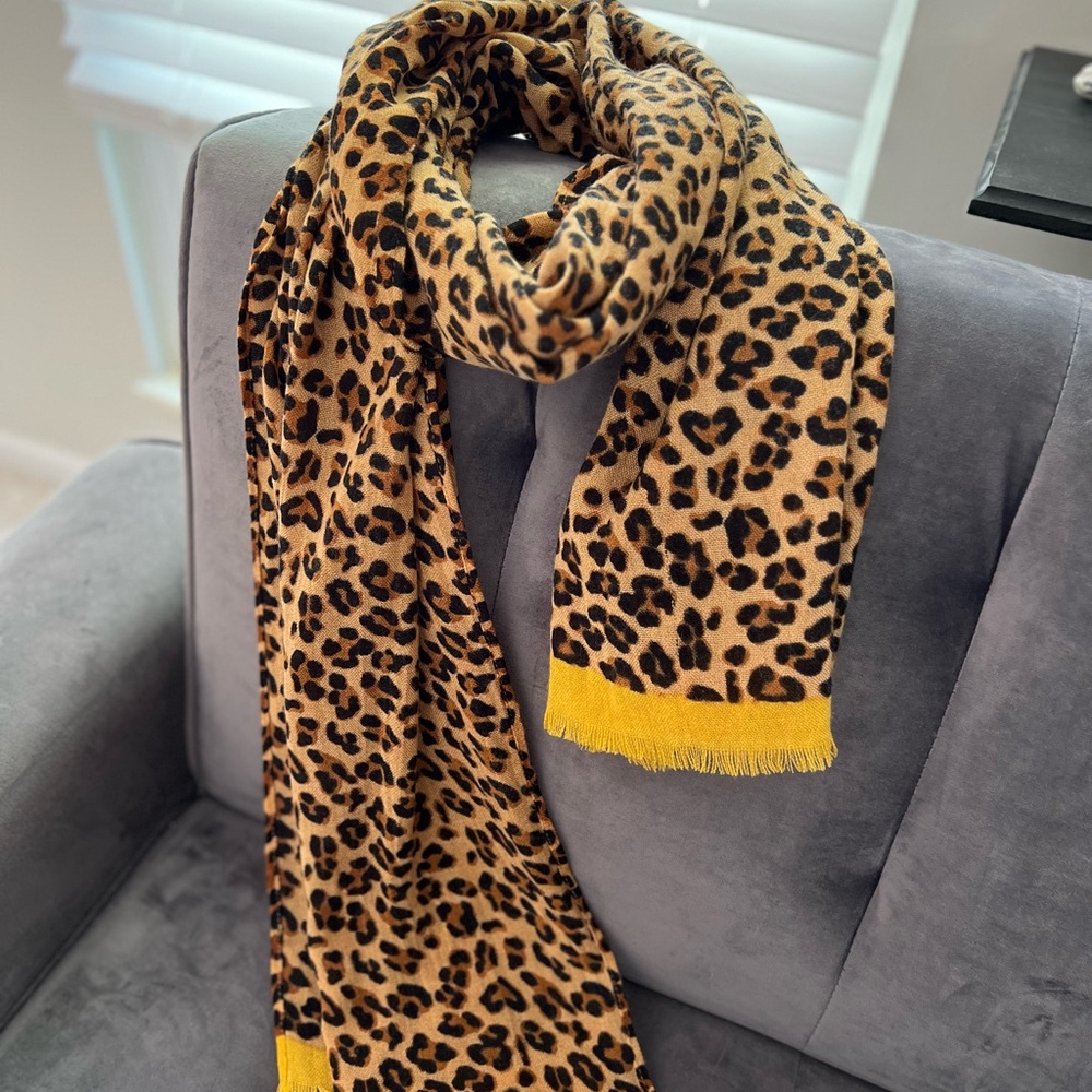 Leopard Print Scarf with Yellow Trim